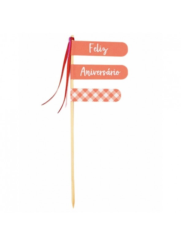 Topo para Bolo Feliz Aniversário Vichy Xadrez Vermelho e Branco