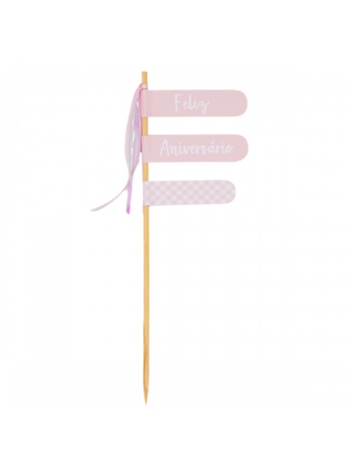Topo para Bolo Feliz Aniversário Vichy Xadrez Rosa Claro e Branco