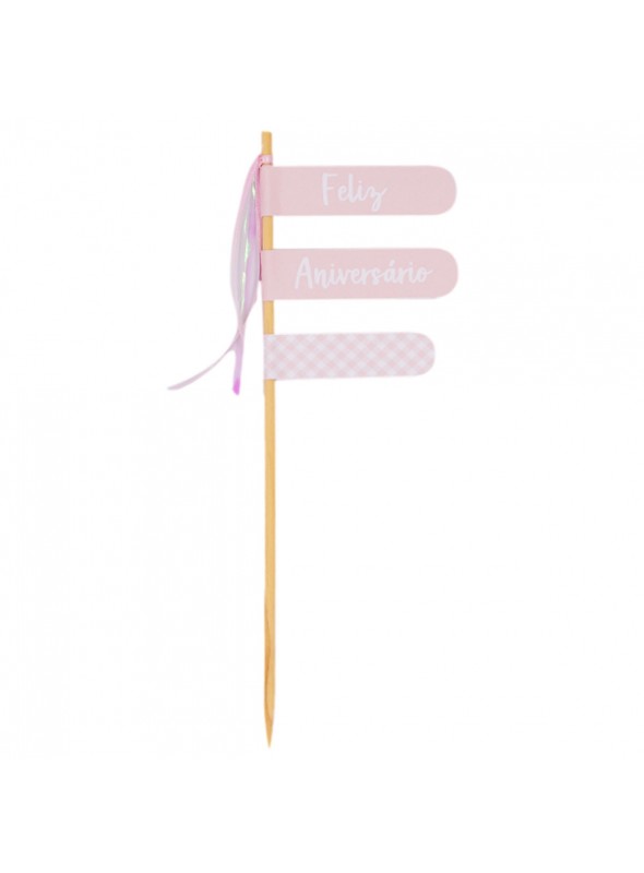 Topo para Bolo Feliz Aniversário Vichy Xadrez Rosa Claro e Branco