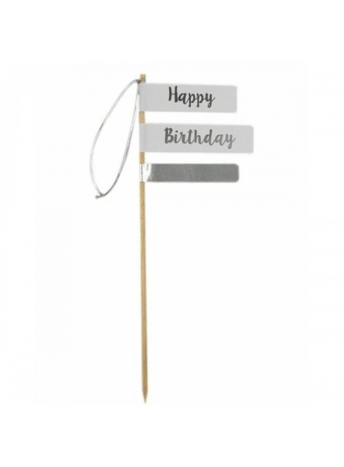 Topo para Bolo Happy Birthday Prata Aniversário Tem Festejo