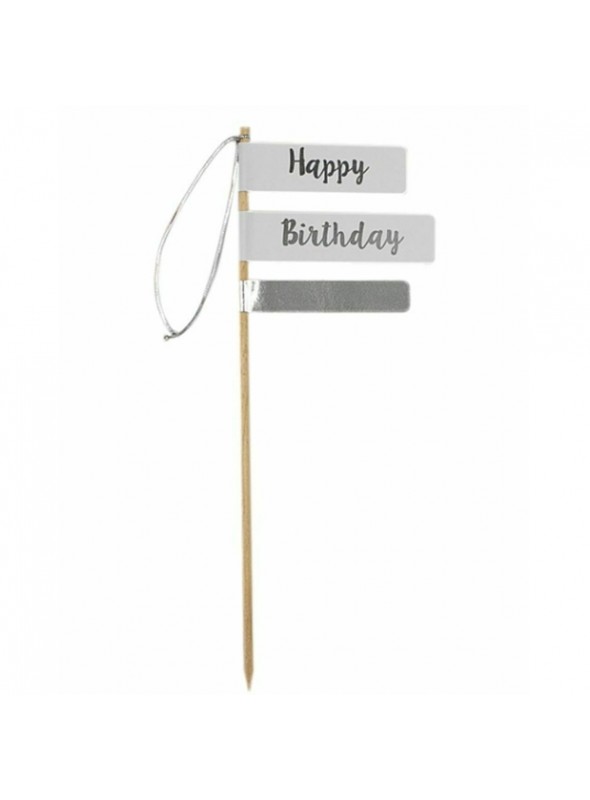 Topo para Bolo Happy Birthday Prata Aniversário Tem Festejo