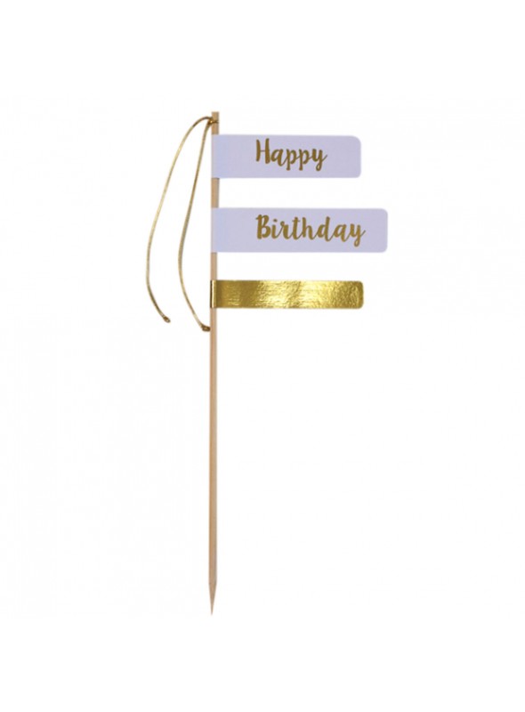 Topo para Bolo Happy Birthday Dourado Aniversário Tem Festejo