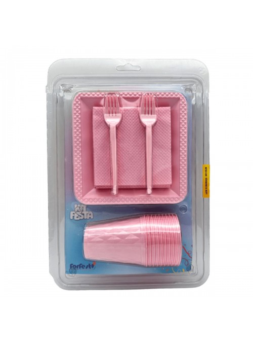 Kit Festa 10 Pessoas Descartáveis Rosa Candy Prato Copo Garfo Guardanapo