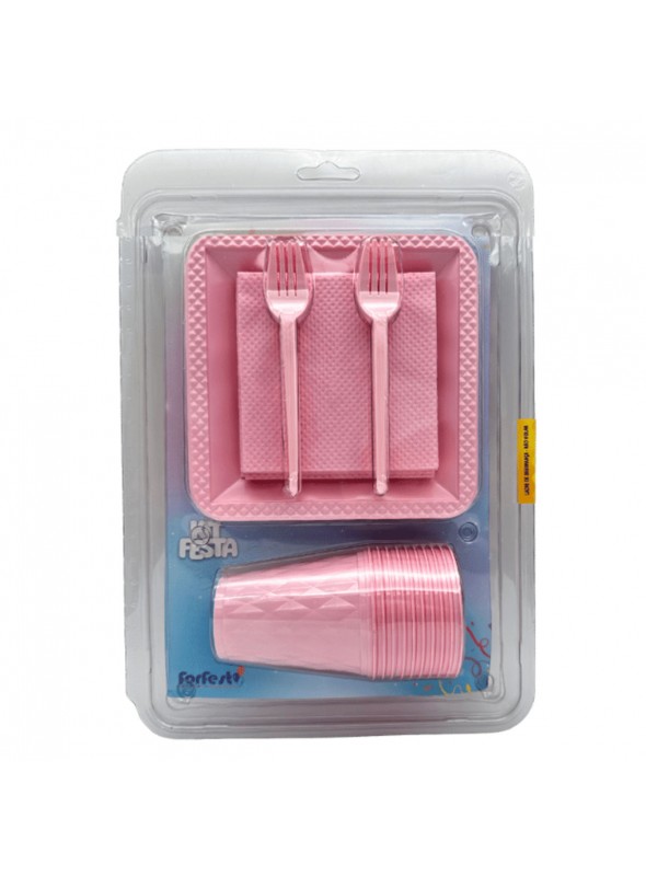 Kit Festa 10 Pessoas Descartáveis Rosa Candy Prato Copo Garfo Guardanapo