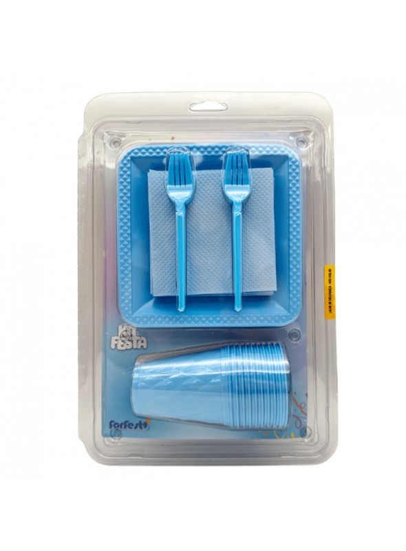 Kit Festa 10 Pessoas Descartáveis Azul Claro Prato Copo Garfo Guardanapo