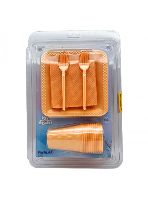 Kit Festa 10 Pessoas Descartáveis Laranja Candy Prato Copo Garfo Guardanapo