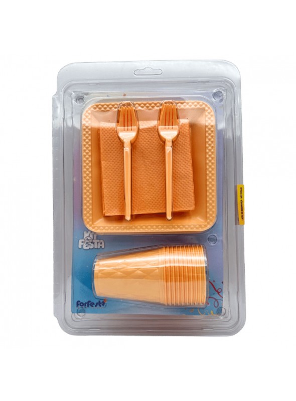 Kit Festa 10 Pessoas Descartáveis Laranja Candy Prato Copo Garfo Guardanapo