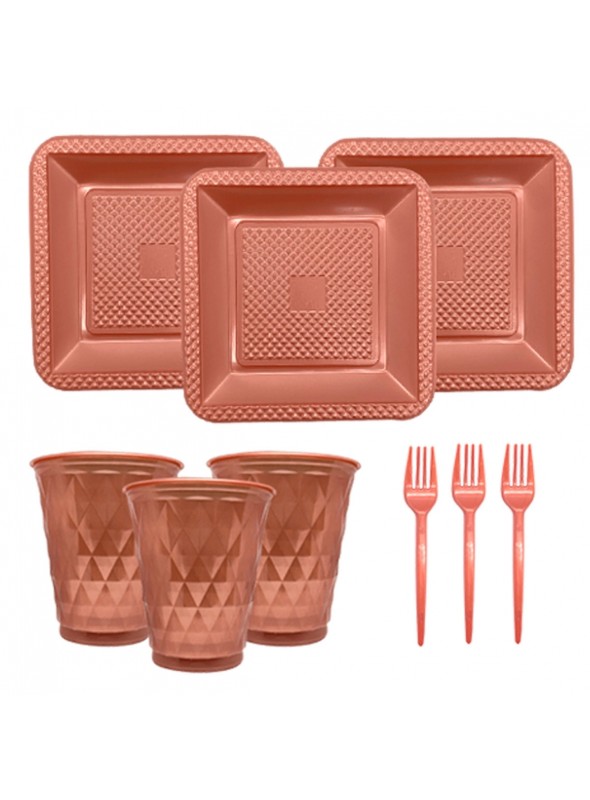 Kit Festa 10 Pessoas Descartáveis Rose Perolado Prato Copo Garfo Guardanapo