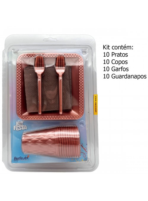 Kit Festa 10 Pessoas Descartáveis Rose Perolado Prato Copo Garfo Guardanapo