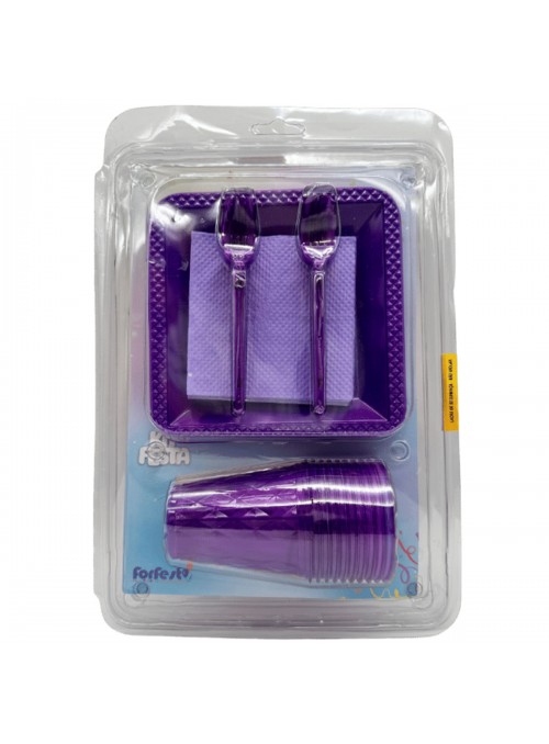 Kit Festa 10 Pessoas Descartáveis Roxo Prato Copo Garfo Guardanapo