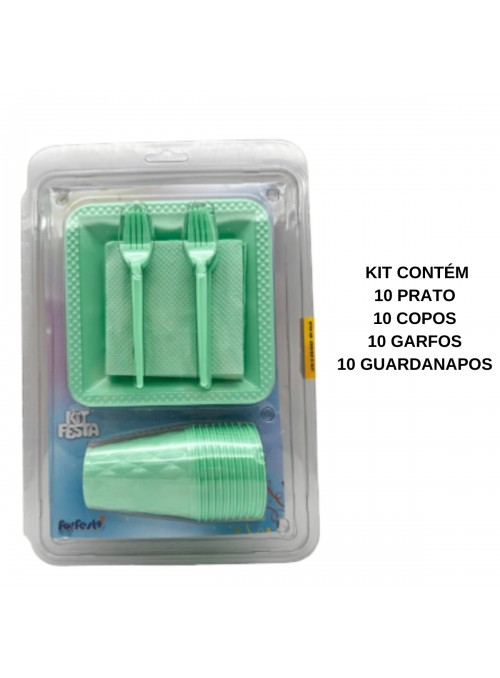 Kit Festa 10 Pessoas Descartáveis Verde Candy Prato Copo Garfo Guardanapo