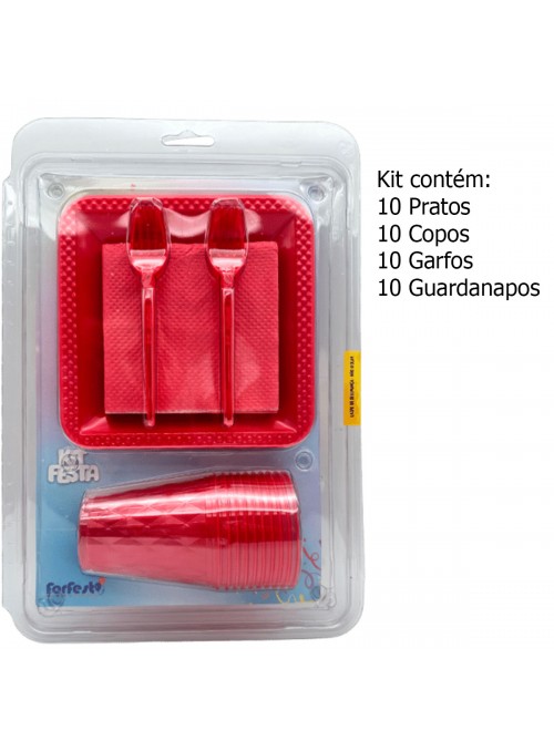 Kit Festa 10 Pessoas Descartáveis Vermelho Prato Copo Garfo Guardanapo