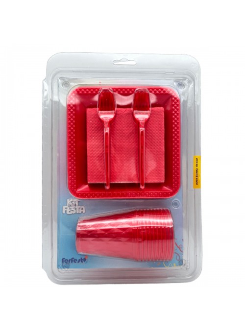 Kit Festa 10 Pessoas Descartáveis Vermelho Prato Copo Garfo Guardanapo