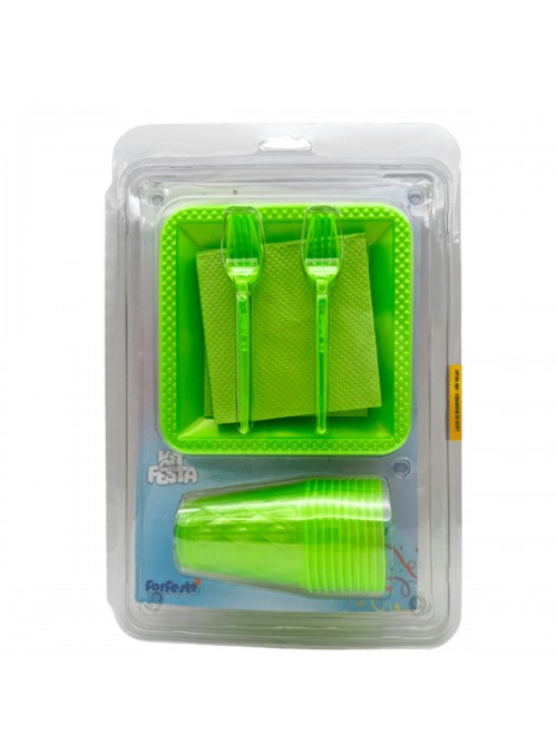 Kit Festa 10 Pessoas Descartáveis Verde Neon Prato Copo Garfo Guardanapo