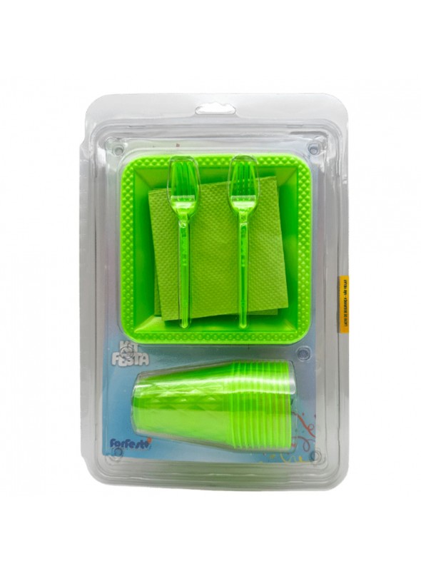 Kit Festa 10 Pessoas Descartáveis Verde Neon Prato Copo Garfo Guardanapo
