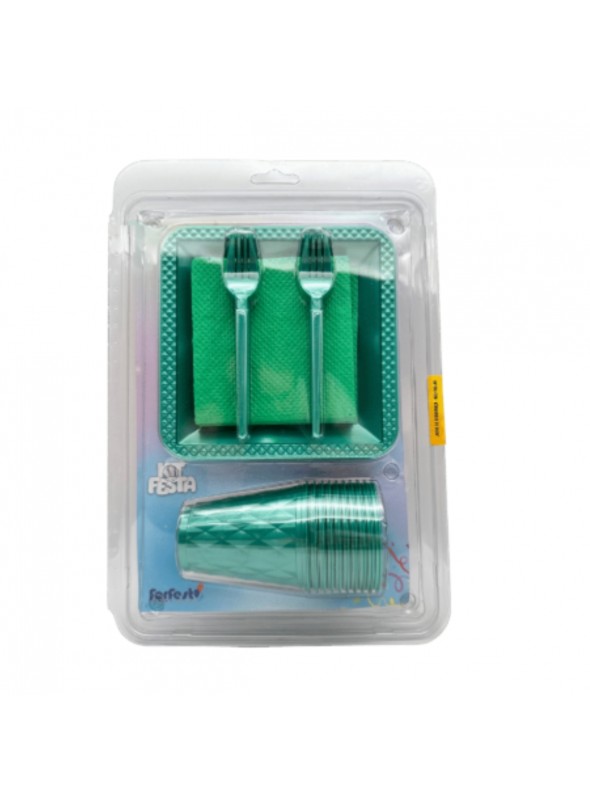Kit Festa 10 Pessoas Descartáveis Verde Perolado Prato Copo Garfo Guardanapo