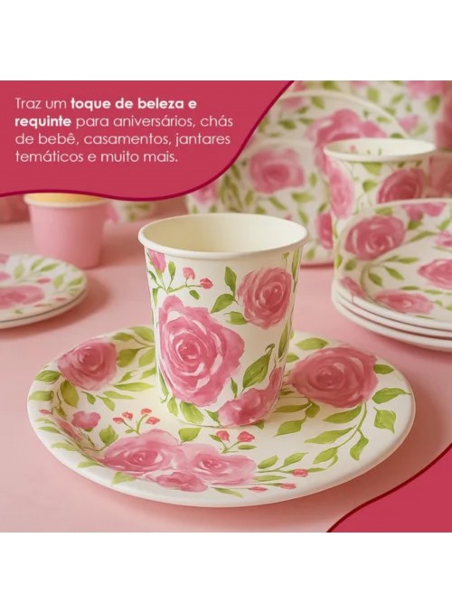 Prato e Copo de Papel Estampado Rosas 10 Pratos e 10 Copos
