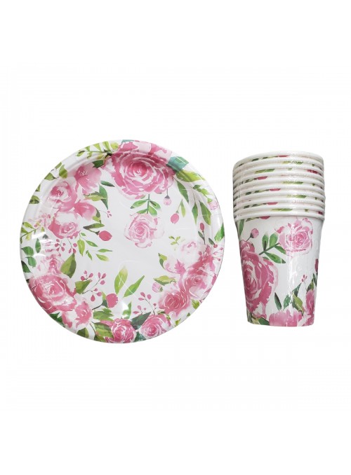 Prato e Copo de Papel Estampado Rosas 10 Pratos e 10 Copos