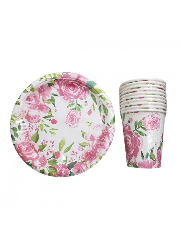 Prato e Copo de Papel Estampado Rosas 10 Pratos e 10 Copos