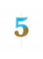 Vela De Aniversário Número 5 Azul Com Glitter Dourado 8,5cm
