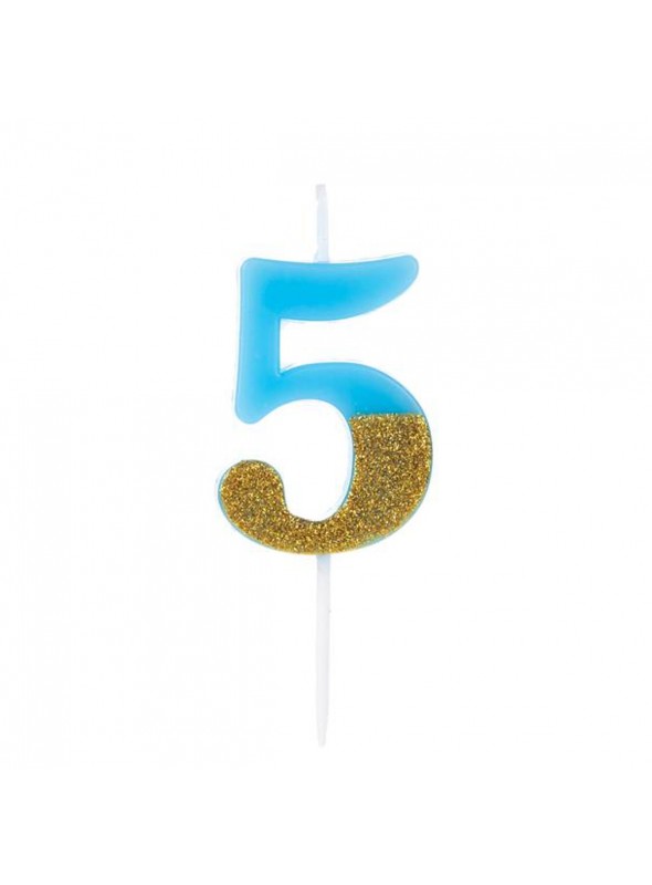 Vela De Aniversário Número 5 Azul Com Glitter Dourado 8,5cm