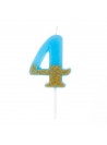 Vela De Aniversário Número 4 Azul Com Glitter Dourado 8,5cm