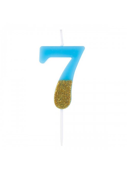 Vela De Aniversário Número 7 Azul Com Glitter Dourado 8,5cm