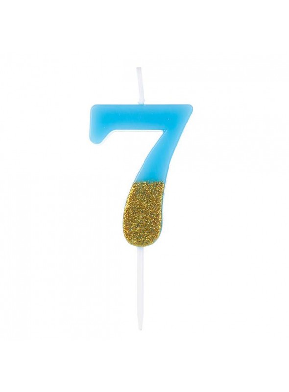 Vela De Aniversário Número 7 Azul Com Glitter Dourado 8,5cm