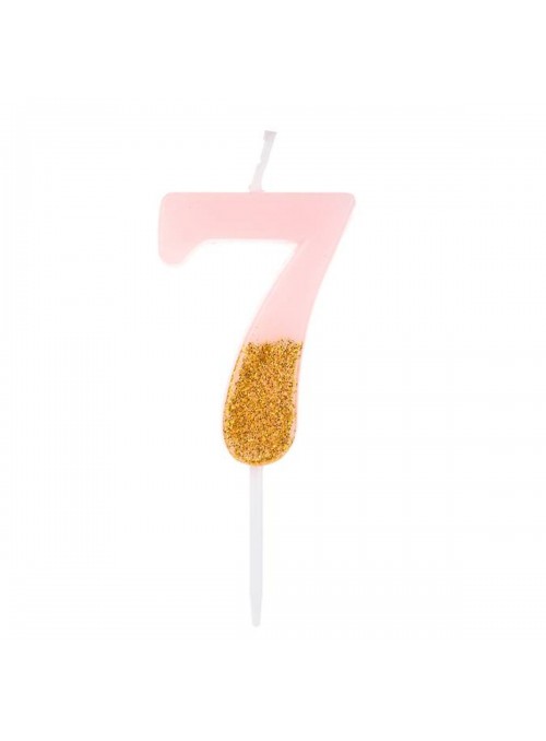 Vela De Aniversário Número 7 Rosa Com Glitter Dourado 8,5cm