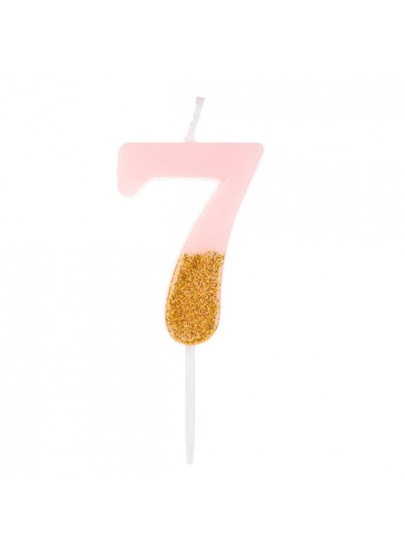 Vela De Aniversário Número 7 Rosa Com Glitter Dourado 8,5cm