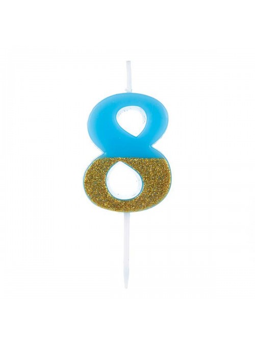 Vela De Aniversário Número 8 Azul Com Glitter Dourado 8,5cm