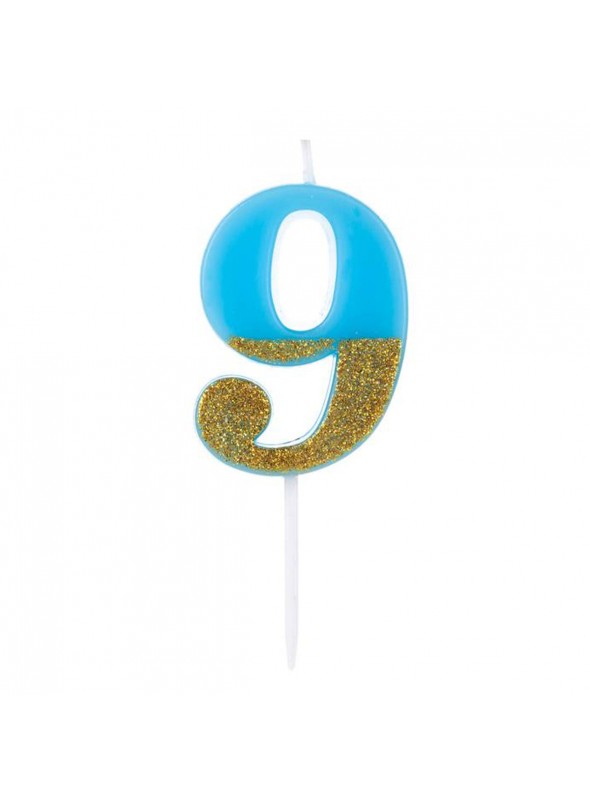 Vela De Aniversário Número 9 Azul Com Glitter Dourado 8,5cm