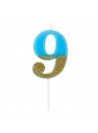 Vela De Aniversário Número 9 Azul Com Glitter Dourado 8,5cm