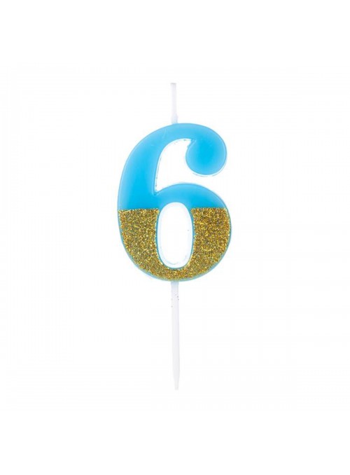 Vela De Aniversário Número 6 Azul Com Glitter Dourado 8,5cm