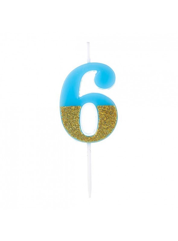 Vela De Aniversário Número 6 Azul Com Glitter Dourado 8,5cm