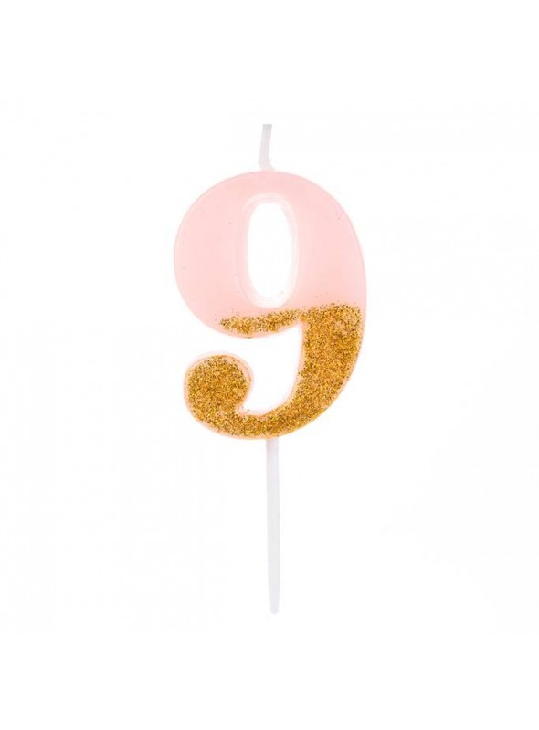Vela De Aniversário Número 9 Rosa Com Glitter Dourado 8,5cm