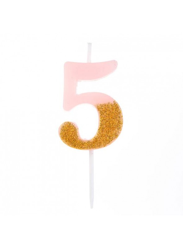 Vela De Aniversário Número 5 Rosa Com Glitter Dourado 8,5cm