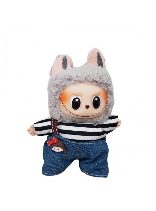 Labubu Monsters com Roupa Blusa Listrada e Calça Jeans Chaveiro Caixa Surpresa 1 Unid