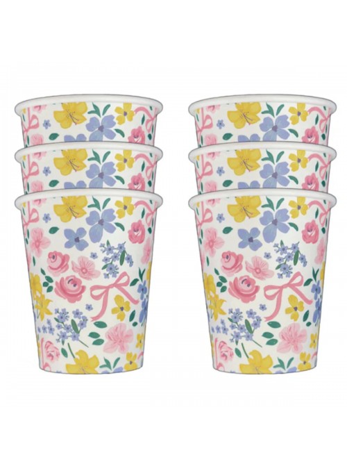 Prato E Copo De Papel Jardim de Flores 8 Pratos 8 Copos Descartáveis