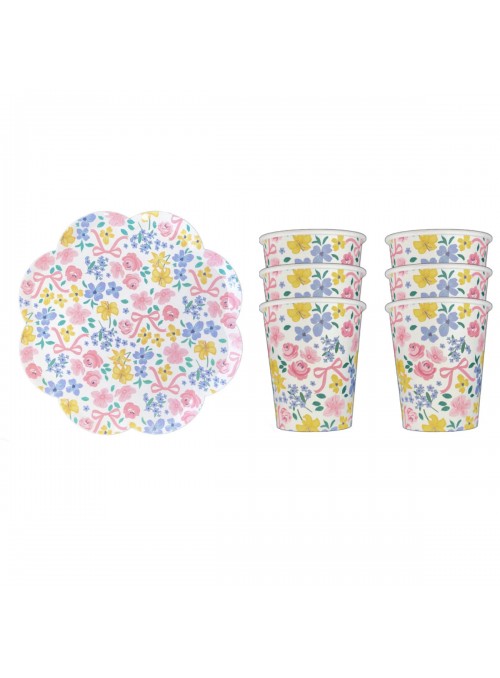Prato E Copo De Papel Jardim de Flores 8 Pratos 8 Copos Descartáveis