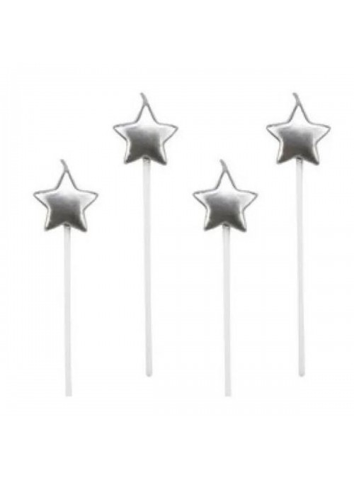Vela de Aniversário Estrela Prata 13,5cm Silver Festas 4 Unidades