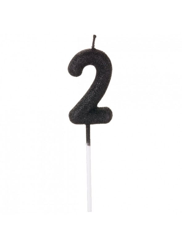 Vela De Aniversário Número 2 Glitter Preto 14,5cm Velas Aniversário