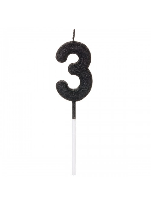Vela De Aniversário Número 3 Glitter Preto 14,5cm Velas Aniversário