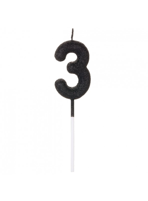 Vela De Aniversário Número 3 Glitter Preto 14,5cm Velas Aniversário
