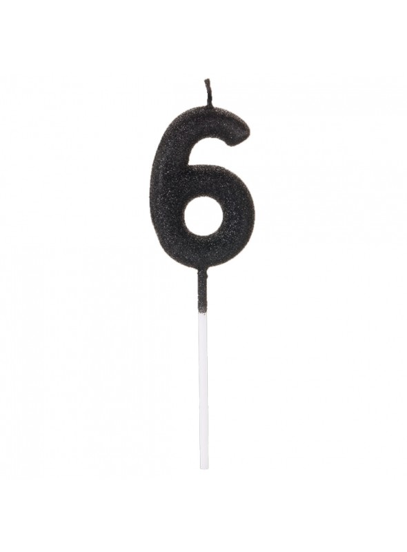 Vela De Aniversário Número 6 Glitter Preto 14,5cm Velas Aniversário