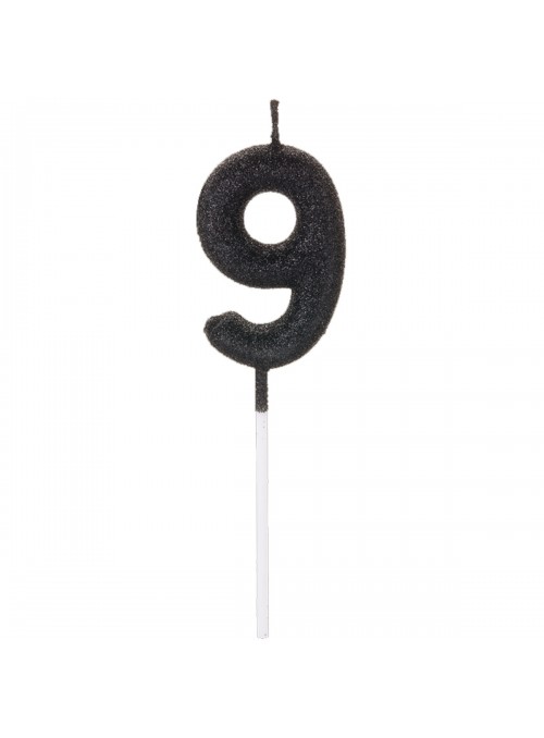 Vela De Aniversário Número 9 Glitter Preto 14,5cm Velas Aniversário