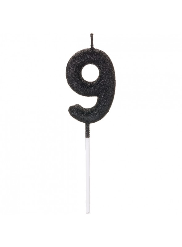 Vela De Aniversário Número 9 Glitter Preto 14,5cm Velas Aniversário