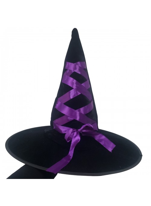 Chapéu De Bruxa Halloween Veludo Preto Laço Trançado Roxo