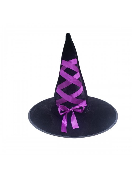 Chapéu De Bruxa Halloween Veludo Preto Laço Trançado Roxo