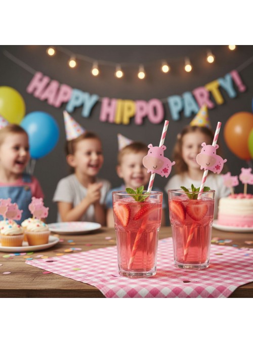 Canudo De Papel Festa Animal Hipopótamo 20cm 6 Unidades